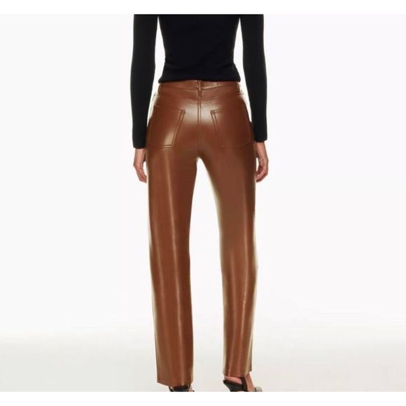 ZARA Medium Brown Leather Pants High Waist Straight Leg Jean - Picture 2 of 10